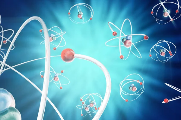 Fond atome, atomes modèles nucléaires brillants et électrons. Concept de physique. Rendu 3d — Photo