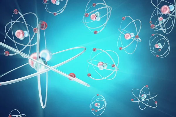 Antecedentes átomos, brillante modelo nuclear átomos y electrones. Concepto de física. renderizado 3d — Foto de Stock