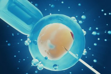 3d illustration Artificial insemination process. Glass needle fertilizing a female egg. Concept, scientific experiment clipart