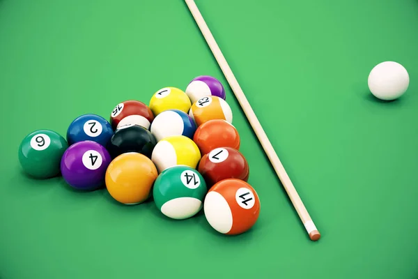 Ilustração 3D piscina americana bolas de snooker fundo. American Billiard. Fecha as bolas de bilhar. Jogo de bar. Jogo de mesa de bilhar . — Fotografia de Stock