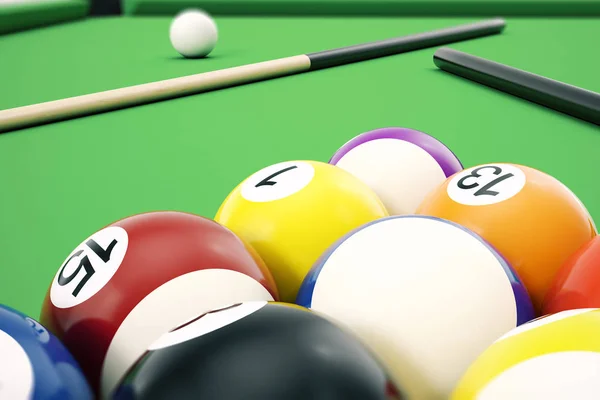 Ilustração 3D piscina americana bolas de snooker fundo. American Billiard. Fecha as bolas de bilhar. Jogo de bar. Jogo de mesa de bilhar . — Fotografia de Stock