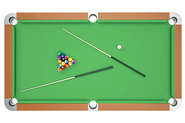 3D illustration Billiard balls on green table with billiard cue, Snooker, Pool game, Billiard concept. Top view