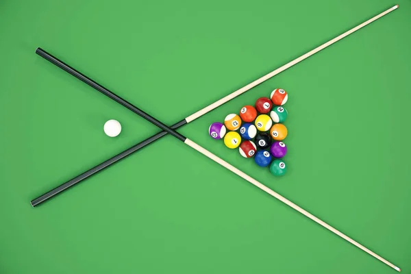 Ilustración 3D Bolas de billar en una mesa de billar verde, billar juego, concepto de billar —  Fotos de Stock
