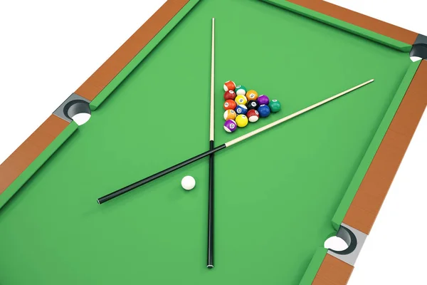 3D illustration Billiard balls on green table with billiard cue, Snooker, Pool game. Billiard concept — Stock Photo, Image