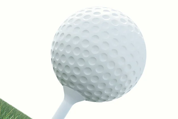 3D resimde Golf topu ve top çimen, tee çekilmesi hazır görünümü kapatın. Golf topu gökyüzü arka plan üzerinde. — Stok fotoğraf