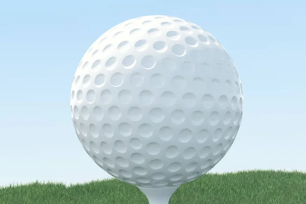 Ilustração 3D Bola de golfe e bola na grama, vista de perto no tee pronto para ser baleado. Bola de golfe no fundo do céu . — Fotografia de Stock