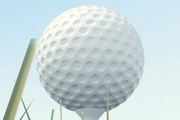 3d 插图高尔夫球球和球在草丛中，关闭视图上发球区准备被枪毙了。高尔夫球在球棒上天空背景. — 图库照片