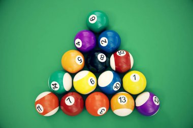 3D illustration Billiard balls arranged in a triangle viewed from above, top view. Snooker, Pool game, Billiard concept clipart
