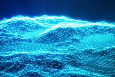 3D resimde manzara arka plan. Siber yatay kılavuz. 3D teknolojisi. Siyah zemin ışık ışınları üzerine soyut mavi manzara.