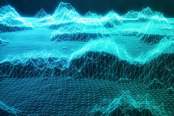 3D ілюстрація пейзажного фону. Ландшафтна мережа кіберпростору. Тривимірна технологія. Абстрактний синій пейзаж на чорному тлі з легкими променями . — стокове фото