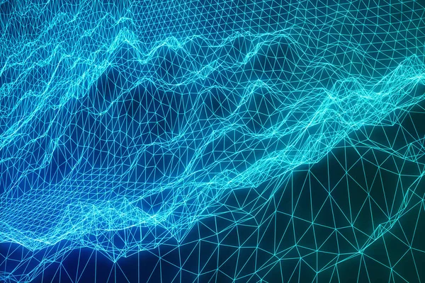 Ilustración 3D concepto de conexiones a Internet en la computación en nube. Parrilla de paisaje ciberespacial. tecnología 3d. Paisaje azul abstracto sobre fondo negro con rayos de luz . —  Fotos de Stock