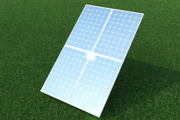 3D obrázek odraz mraků na fotovoltaických článků. Modrá solární panely na trávě. Pojem zdroj alternativní elektrické energie. Eko energie, čisté energie. Osvětlení a pozadí jsou od — Stock fotografie