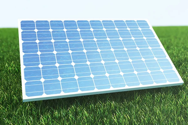 Illustration 3D panneaux solaires avec nuages. Énergie et électricité. Energies alternatives, éco ou vertes. Énergie, écologie, technologie, électricité . — Photo