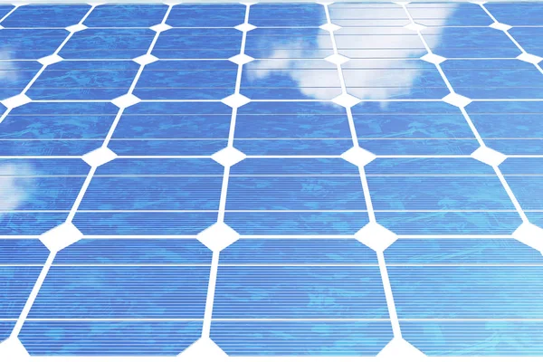 Ilustração 3D painéis solares com nuvens. Energia e electricidade. Energia alternativa, geradores ecológicos ou verdes. Poder, ecologia, tecnologia, eletricidade . — Fotografia de Stock