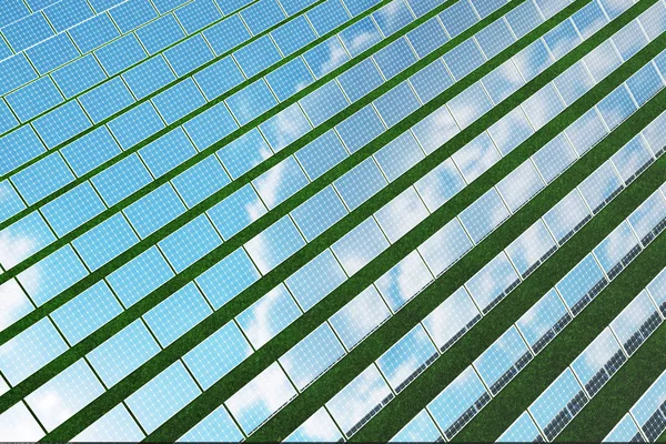 Ilustração 3D painéis solares refletindo o céu azul sem nuvens. Energia e electricidade. Energia alternativa, geradores ecológicos ou verdes. Poder, ecologia, tecnologia, eletricidade . — Fotografia de Stock