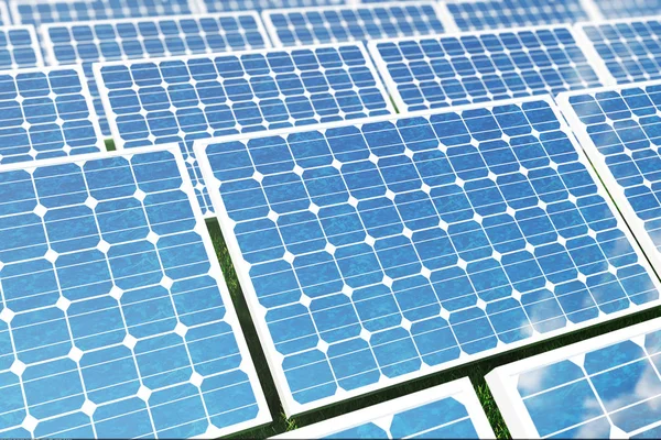 Ilustración 3D Concepto de energía solar. Paneles solares sobre hierba. Reflejo cielo azul sobre panel fotovoltaico. Energía, ecología, tecnología, electricidad . — Foto de Stock