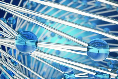 3D render soyut molekülleri tasarlayın. Atomlar. Başlık sayfası veya el ilanı için tıbbi geçmişi. Mavi küresel parçacıkları ile moleküler yapısı