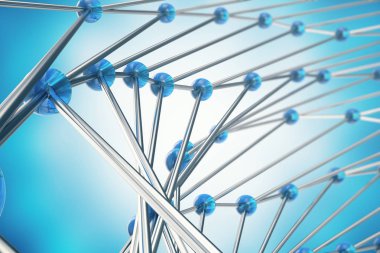 3D render soyut molekülleri tasarlayın. Atomlar. Başlık sayfası veya el ilanı için tıbbi geçmişi. Mavi küresel parçacıkları ile moleküler yapısı