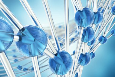 3D render soyut molekülleri tasarlayın. Atomlar. Başlık sayfası veya el ilanı için tıbbi geçmişi. Mavi küresel parçacıkları ile moleküler yapısı