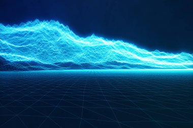 3D illüstrasyon kavramı Internet Bağlantıları'nda bulut bilgisayar. Siber yatay kılavuz. 3D teknolojisi. Siyah zemin ışık ışınları üzerine soyut mavi manzara.