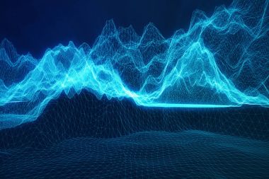3D illüstrasyon soyut dijital tel kafes manzara. Siber yatay kılavuz. 3D teknolojisi. Bulut bilgi iletişim ağı mavi manzara soyut internet bağlantısı