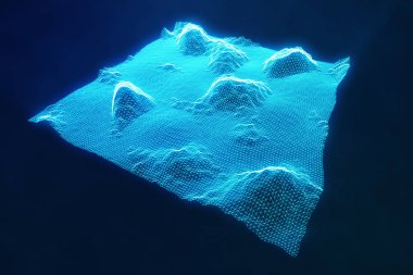 3D illüstrasyon soyut dijital tel kafes manzara. Siber yatay kılavuz. 3D teknolojisi. Bulut bilgi iletişim ağı mavi manzara soyut internet bağlantısı