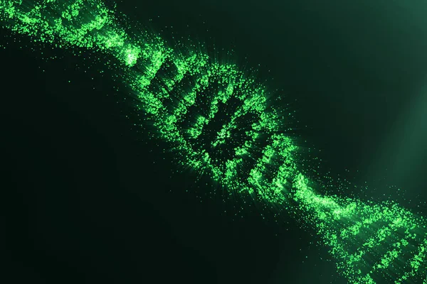 Concepto de bioquímica con molécula de ADN sobre fondo verde, concepto científico de ingeniería genética, tinte verde. Renderizado 3D —  Fotos de Stock