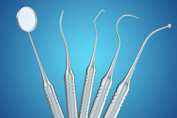 Dental set, mirror, probe, isolated on blue background. 3D rendering — Stock Photo, Image