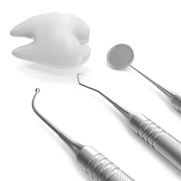 Zahnset, Spiegel, Sonde, mit Zahn, Konzeptpflege isoliert auf weißem Hintergrund, 3D-Rendering — Stockfoto