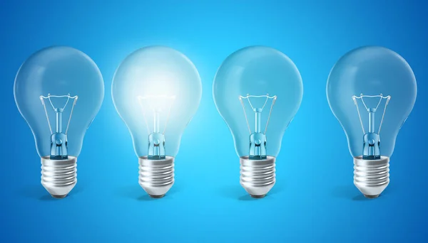 Tek parlak ampul ile mavi arka plan üzerinde lamba ampul grubu. Kavram yenilik fikirleri, 3d render — Stok fotoğraf