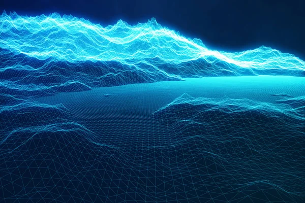 Ilustración 3D concepto de conexiones a Internet en la computación en nube. Parrilla de paisaje ciberespacial. tecnología 3d. Paisaje azul abstracto sobre fondo negro con rayos de luz . — Foto de Stock
