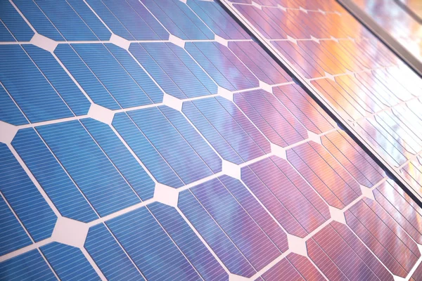 3D resimde güneş enerjisi üretimi teknolojisi. Alternatif enerji. Güneş pili paneli modüller güneş ışığı ile mavi gökyüzü ile doğal gün batımı ile. — Stok fotoğraf