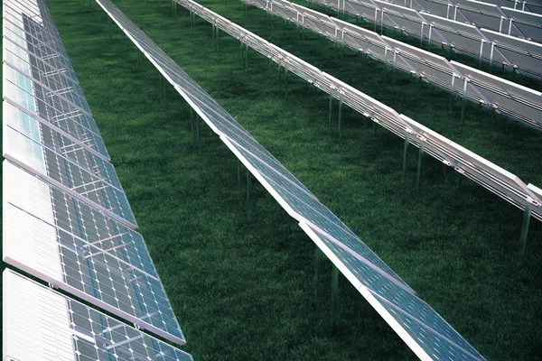 3 d イラスト太陽エネルギー コンセプト。太陽光発電パネルに夕焼け空の反射。パワー、エコロジー、技術、電気. — ストック写真