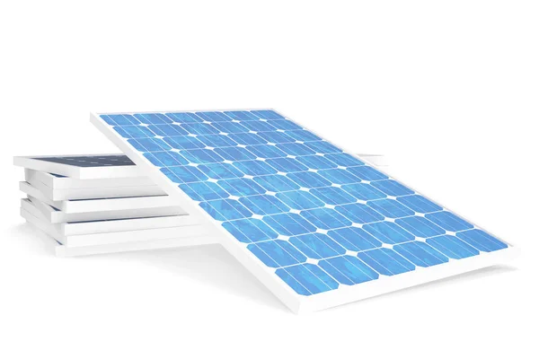 3D resimde güneş enerjisi üretimi teknolojisi. Mavi güneş panelleri. Kavram alternatif elektrik kaynağı. Eko enerji, temiz enerji beyaz arka plan üzerinde izole. — Stok fotoğraf