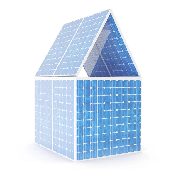 3D απεικόνιση έννοια του ένα σπίτι κατασκευασμένο από ηλιακούς συλλέκτες. Έννοια πηγή εναλλακτικής ηλεκτρικής ενέργειας. Οικολογική ενέργεια, καθαρή ενέργεια — Φωτογραφία Αρχείου