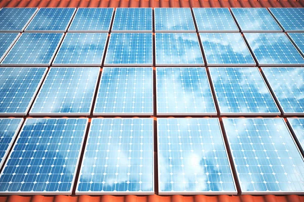 3D illustration solar panels on a red roof reflecting the cloudless blue sky. Energy and electricity. Alternative energy, eco or green generators. Power, ecology, technology, electricity. — Stock Photo, Image