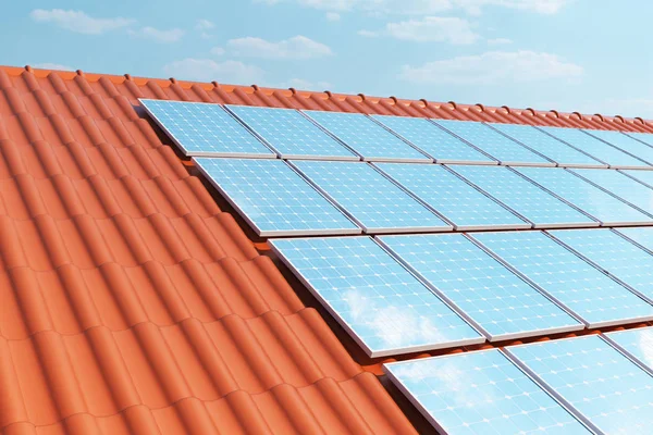 3D illustratie zonne-panelen op een rood dak als gevolg van de wolkenloze blauwe hemel. Energieproducten en elektriciteit. Alternatieve energie, eco of groene generatoren. Macht, ecologie, technologie, elektriciteit. — Stockfoto