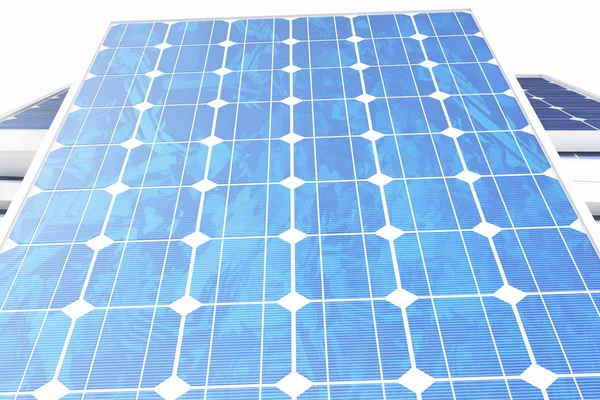 3D απεικόνιση τεχνολογία παραγωγής ηλιακής ενέργειας. Μπλε ηλιακούς συλλέκτες. Έννοια πηγή εναλλακτικής ηλεκτρικής ενέργειας. Οικολογική ενέργεια, καθαρή ενέργεια που απομονώνονται σε λευκό φόντο. — Φωτογραφία Αρχείου