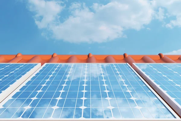 Ilustración 3D paneles solares en un techo rojo que refleja el cielo azul sin nubes. Energía y electricidad. Energía alternativa, generadores ecológicos o ecológicos. Energía, ecología, tecnología, electricidad . — Foto de Stock