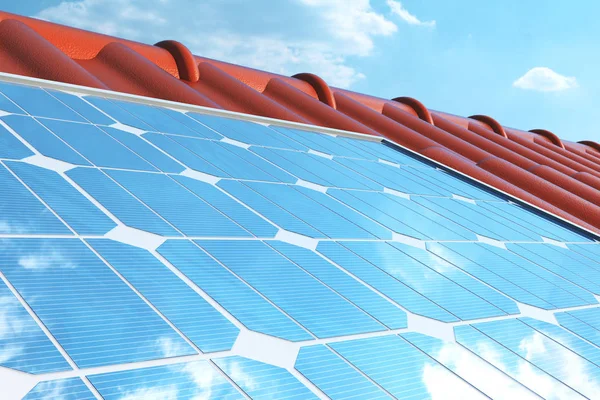 3d Illustration Sonnenkollektoren auf einem roten Dach, die den wolkenlosen blauen Himmel reflektieren. Energie und Strom. alternative Energien, ökologische oder grüne Stromerzeuger. Energie, Ökologie, Technologie, Elektrizität. — Stockfoto