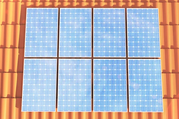 Ilustração 3D painéis solares em um roff vermelho, tecnologia de geração de energia. Energia alternativa. Módulos de painel de bateria solar com pôr do sol cênico com céu azul com luz solar . — Fotografia de Stock