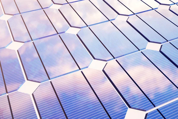 Illustrazione 3D concetto di energia solare. Tramonto cielo riflessione sul pannello fotovoltaico. Energia, ecologia, tecnologia, elettricità . — Foto Stock