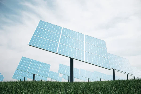 3D illustration reflection of the clouds on the photovoltaic cells. Blue solar panels on grass. Concept alternative electricity source. Eco energy, clean Energy — Stock Photo, Image