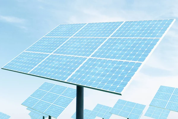 Illustration 3D panneaux solaires. Le panneau solaire produit de l'énergie verte et respectueuse de l'environnement à partir du soleil. Concept énergie du futur . — Photo