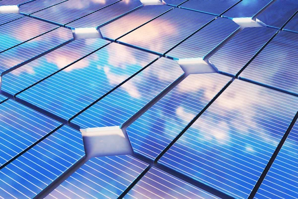 Ilustração 3D reflexão das nuvens sobre as células fotovoltaicas. Painéis solares azuis na grama. Conceito fonte de eletricidade alternativa. Eco energia, energia limpa — Fotografia de Stock