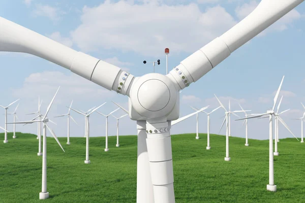 3d иллюстрация, турбина на траве. Концепция альтернативного источника электроэнергии. Экологическая энергия, чистая энергия — стоковое фото