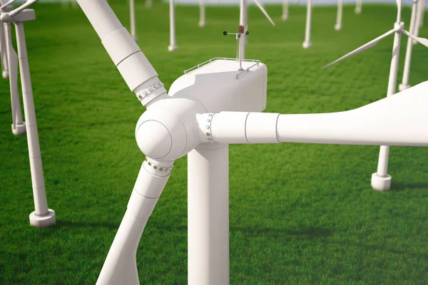 3D-iluustration, turbine in het veld, groen, windturbine, genereren, energiebesparende. milieuvriendelijke energie van de zon. Concept energie van de toekomst. — Stockfoto