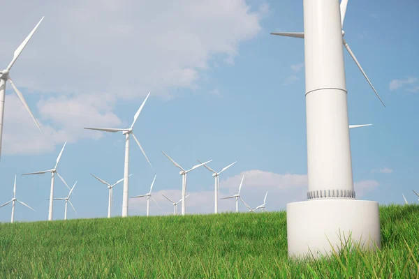 3D-Illustration, Turbine auf dem Rasen. Konzept alternativer Stromquellen. Ökoenergie, saubere Energie — Stockfoto