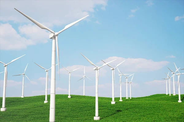 3 डी इलस्ट्रेशन, क्षेत्र में टरबाइन, हरा, पवन टरबाइन, उत्पन्न, पर्यावरण शक्ति। सूरज से पर्यावरण के अनुकूल ऊर्जा। भविष्य की अवधारणा ऊर्जा . — स्टॉक फ़ोटो, इमेज