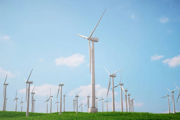 3D-Illustration, Turbine auf dem Rasen mit blauem Himmel. Konzept alternativer Stromquellen. Ökoenergie, saubere Energie — Stockfoto